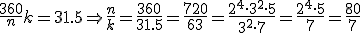 \frac{360}{n}k=31.5~\Rightarrow~\frac{n}{k}=\frac{360}{31.5}=\frac{720}{63}=\frac{2^4\cdot3^2\cdot5}{3^2\cdot7}=\frac{2^4\cdot5}{7}=\frac{80}{7}